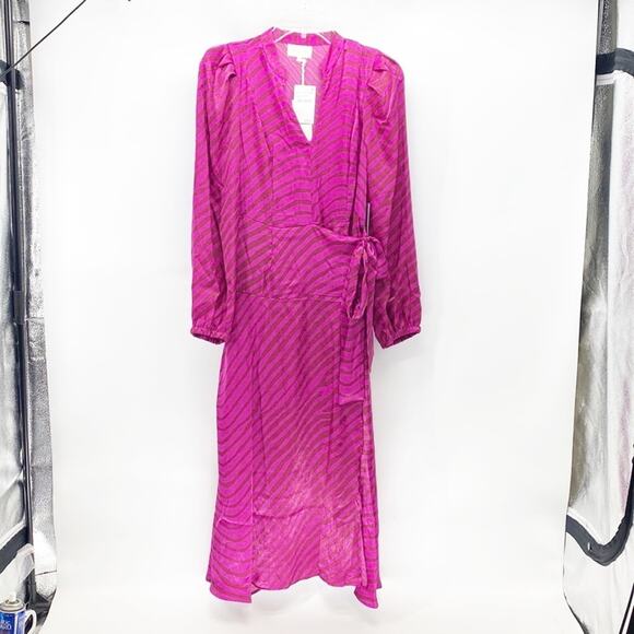 Melloday pink brown zebra print faux wrap puff sleeve midi dress  size s - Picture 1 of 9